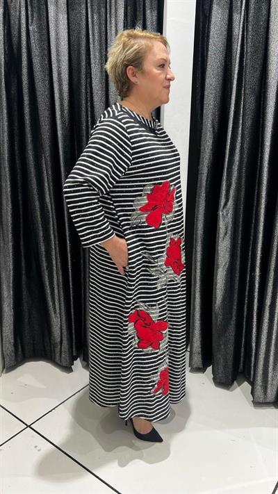 Selma Büyük Beden Siyah Beyaz Çizgili Günlük Elbise
