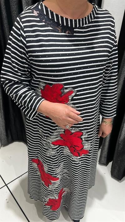 Selma Büyük Beden Siyah Beyaz Çizgili Günlük Elbise