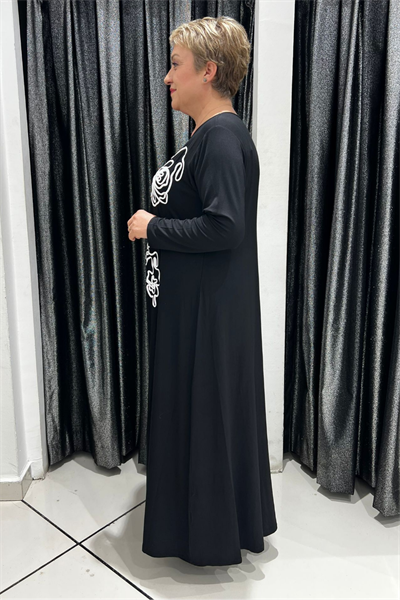 Selma Büyük Beden Siyah Çizgisel Gül Desenli Elbise