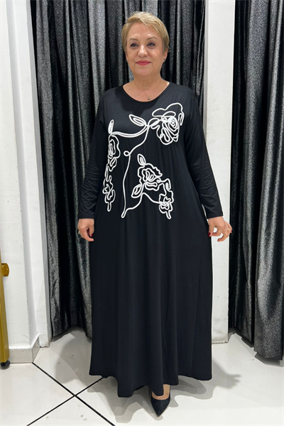 Selma Büyük Beden Siyah Çizgisel Gül Desenli Elbise