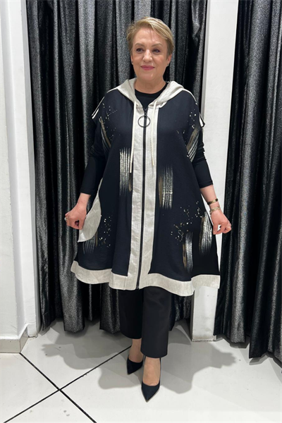 Selma Büyük Beden Siyah Fermuarlı Desenli Yelek