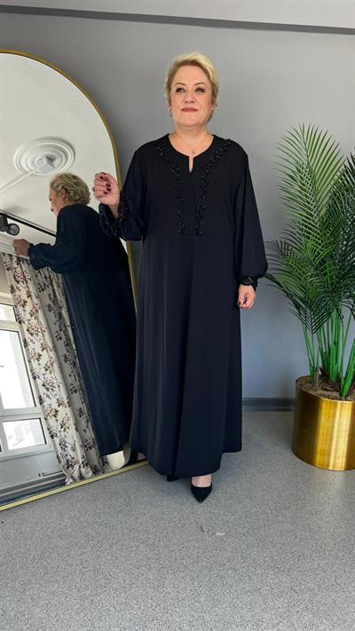 Selma Büyük Beden Siyah İşlemeli Elbise