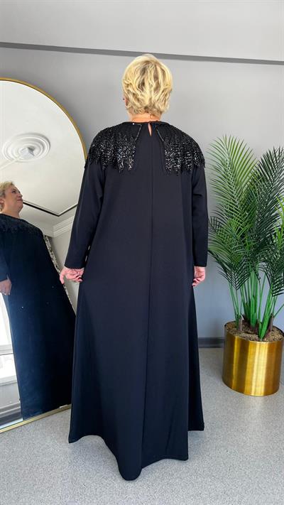 Selma Büyük Beden Siyah İşlemeli Elbise