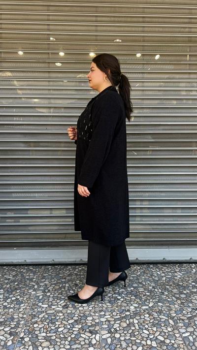 Selma Büyük Beden Siyah İşlemeli İçli Dışlı Takım