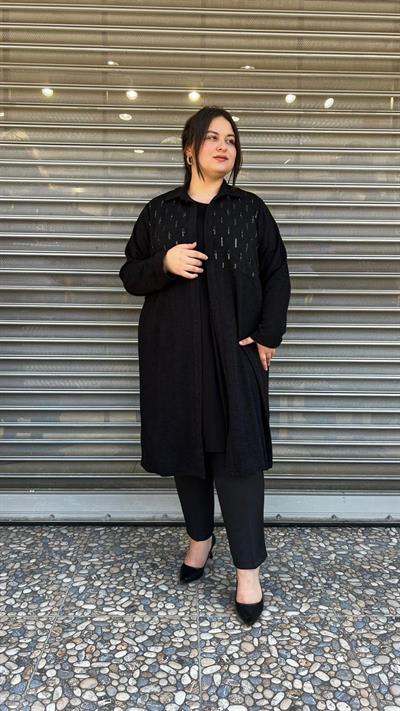 Selma Büyük Beden Siyah İşlemeli İçli Dışlı Takım