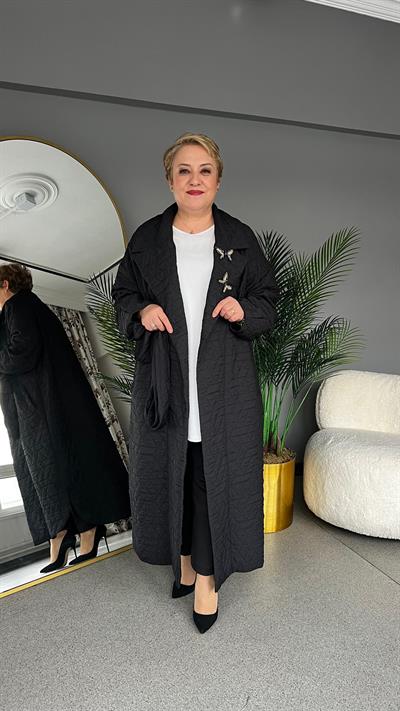 Selma Büyük Beden Siyah İşlemeli Pardesü
