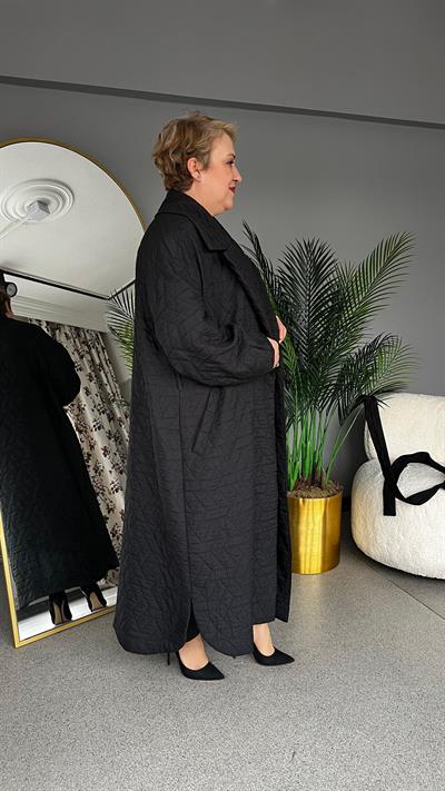 Selma Büyük Beden Siyah İşlemeli Pardesü