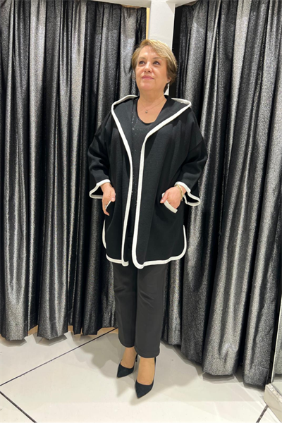 Selma Büyük Beden Siyah Kapüşonlu Biyeli Hırka