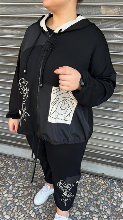 Selma Büyük Beden Siyah Kapüşonlu Tasarım Takım