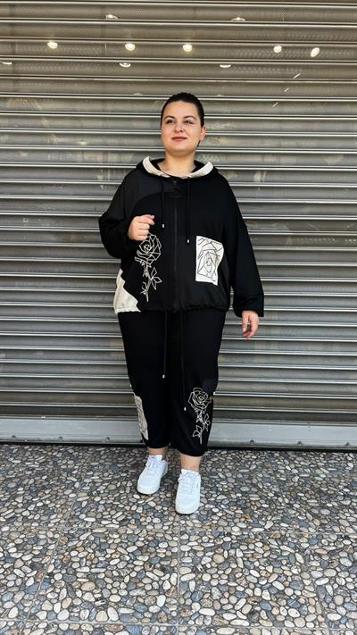 Selma Büyük Beden Siyah Kapüşonlu Tasarım Takım