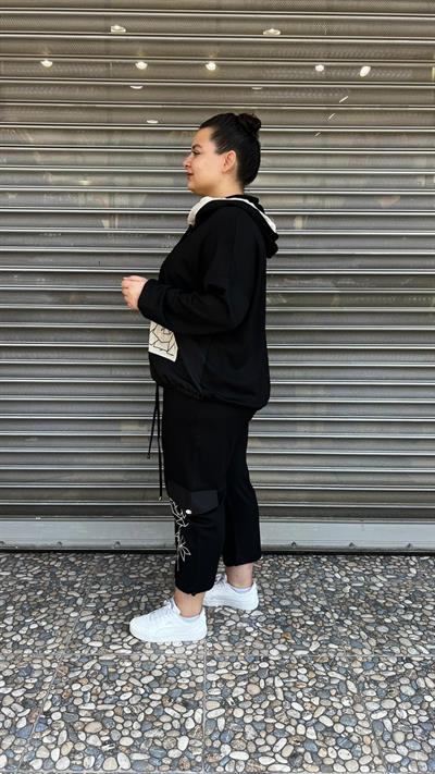 Selma Büyük Beden Siyah Kapüşonlu Tasarım Takım