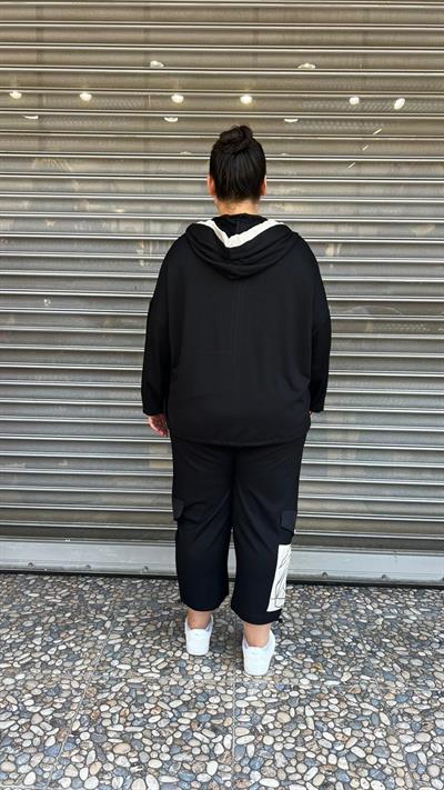 Selma Büyük Beden Siyah Kapüşonlu Tasarım Takım