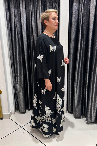 Selma Büyük Beden Siyah Kelebek Desenli Elbise