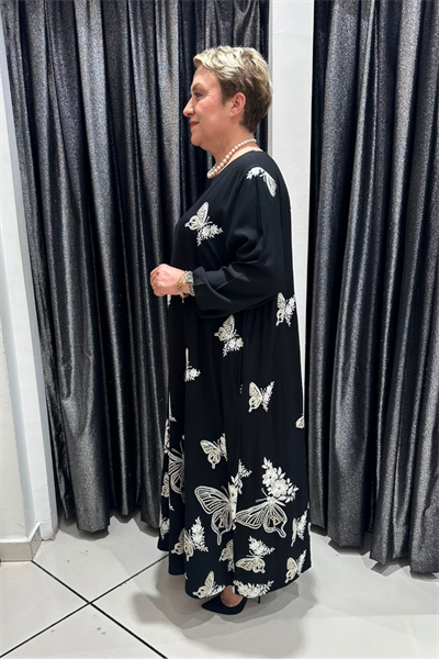 Selma Büyük Beden Siyah Kelebek Desenli Elbise