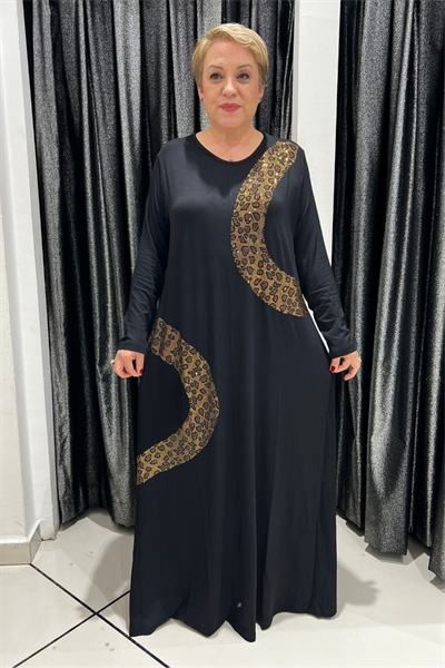 Selma Büyük Beden Siyah Leopar Detaylı Uzun Elbise