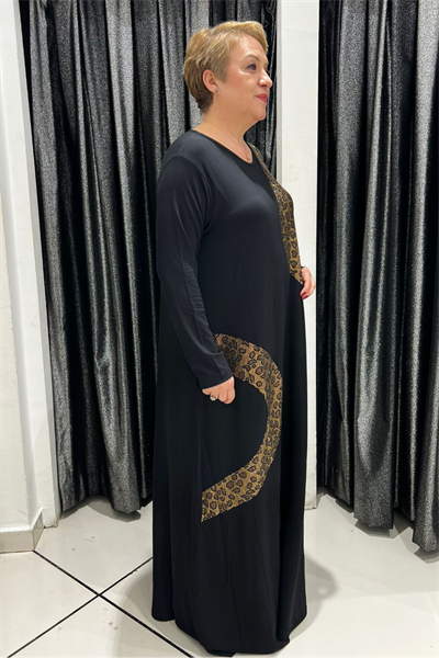 Selma Büyük Beden Siyah Leopar Detaylı Uzun Elbise