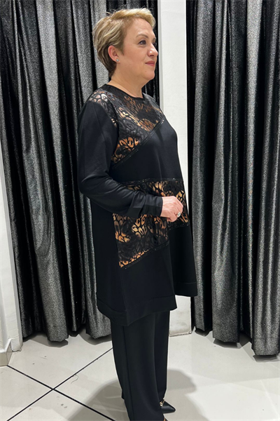 Selma Büyük Beden Siyah Parlak Leopar Desenli Tunik Takım