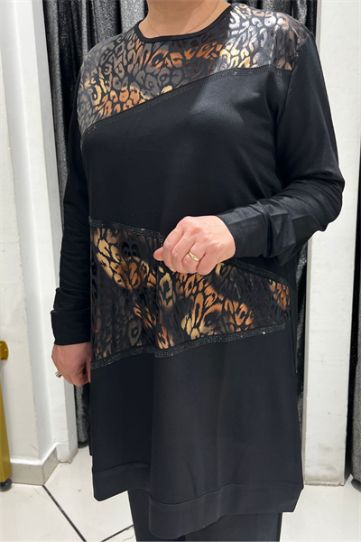 Selma Büyük Beden Siyah Parlak Leopar Desenli Tunik Takım
