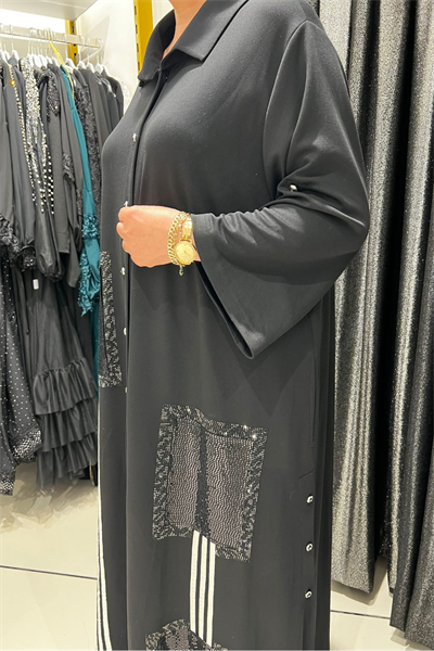 Selma Büyük Beden Siyah Patch Detaylı Gömlek Elbise