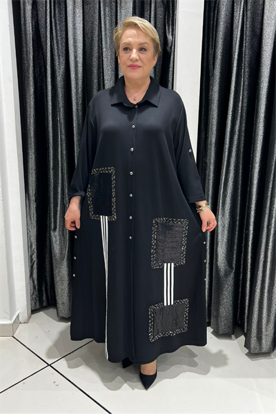Selma Büyük Beden Siyah Patch Detaylı Gömlek Elbise