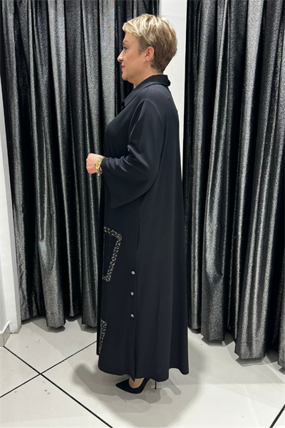 Selma Büyük Beden Siyah Patch Detaylı Gömlek Elbise