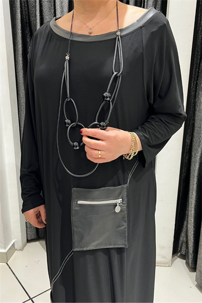 Selma Büyük Beden Siyah Rahat Kesim Tasarım Elbise + Hediye Kolye