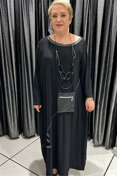 Selma Büyük Beden Siyah Rahat Kesim Tasarım Elbise + Hediye Kolye