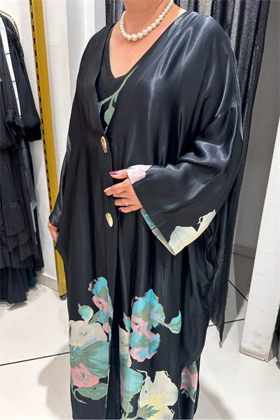 Selma Büyük Beden Siyah Saten Çiçek Desenli Kimono