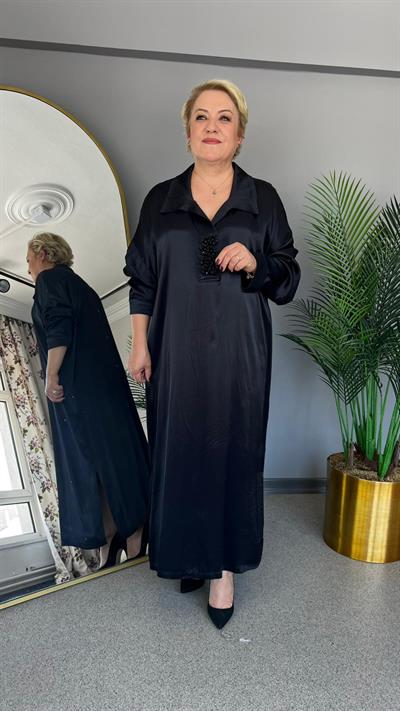 Selma Büyük Beden Siyah Saten Elbise