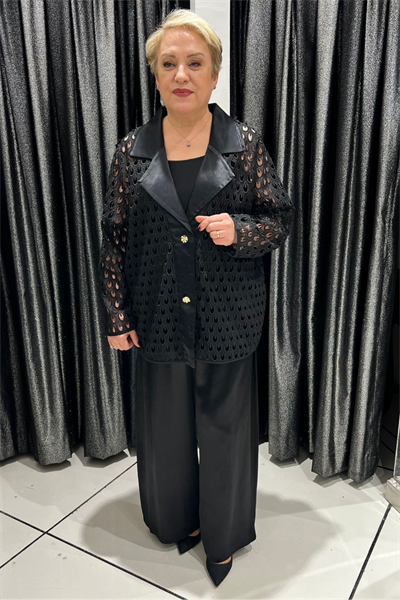 Selma Büyük Beden Siyah Saten Pantolonlu Ceketli Takım