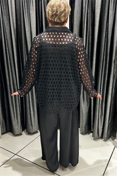 Selma Büyük Beden Siyah Saten Pantolonlu Ceketli Takım