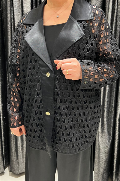 Selma Büyük Beden Siyah Saten Pantolonlu Ceketli Takım