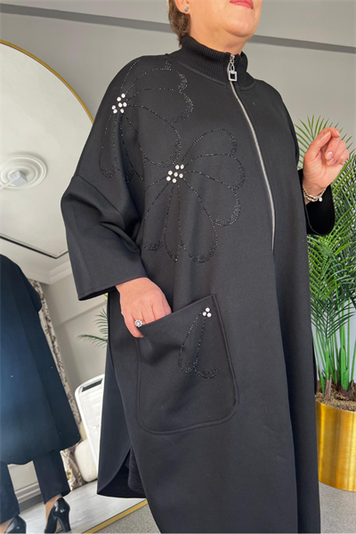 Selma Büyük Beden Siyah Taş İşlemeli Panço/Hırka