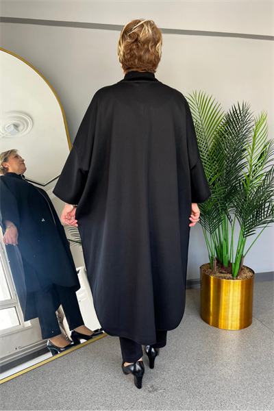 Selma Büyük Beden Siyah Taş İşlemeli Panço/Hırka