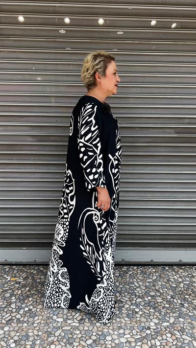 Selma Büyük Beden Siyah Yaprak Desenli Elbise