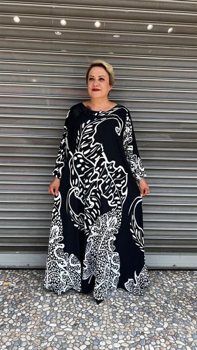 Selma Büyük Beden Siyah Yaprak Desenli Elbise