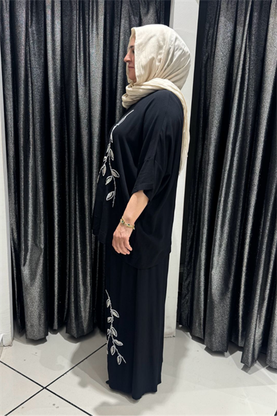 Selma Büyük Beden Siyah Yaprak Desenli Takım