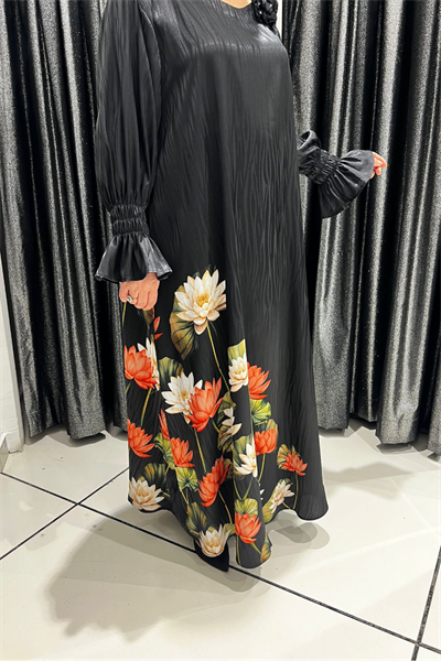 Selma Büyük Beden Siyah Zarif Çiçekli Elbise