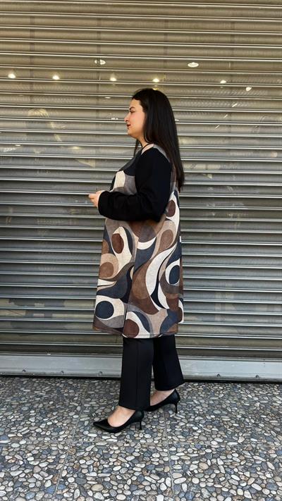 Selma Büyük Beden Soyut Baskılı Şeritli Kolye Hediyeli Tunik