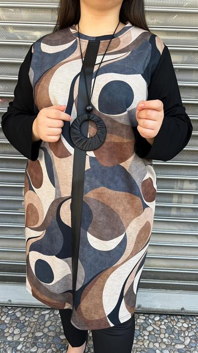 Selma Büyük Beden Soyut Baskılı Şeritli Kolye Hediyeli Tunik