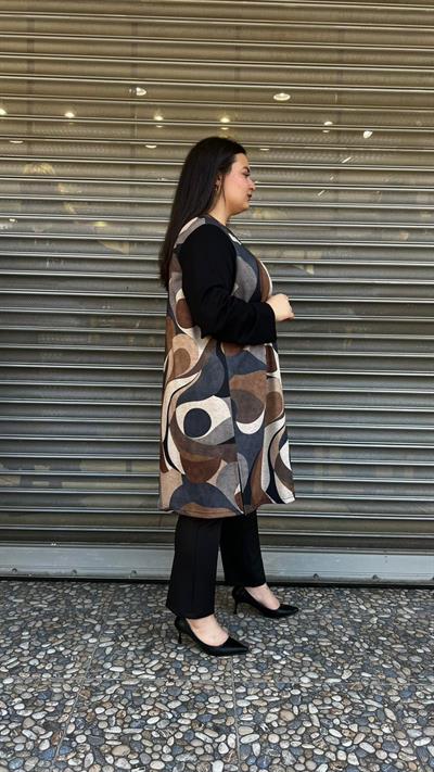 Selma Büyük Beden Soyut Baskılı Şeritli Kolye Hediyeli Tunik