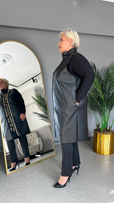 Selma Büyük Beden Suni Deri Spor Uzun Yelek