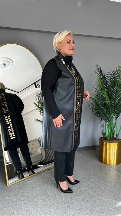 Selma Büyük Beden Suni Deri Spor Uzun Yelek