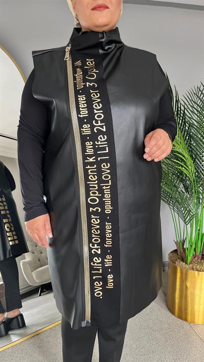 Selma Büyük Beden Suni Deri Spor Uzun Yelek