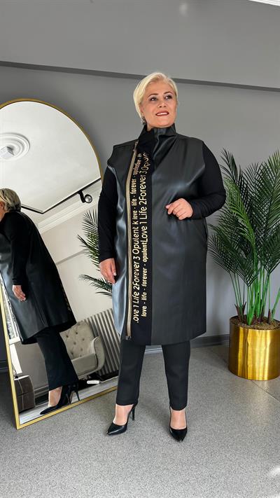 Selma Büyük Beden Suni Deri Spor Uzun Yelek