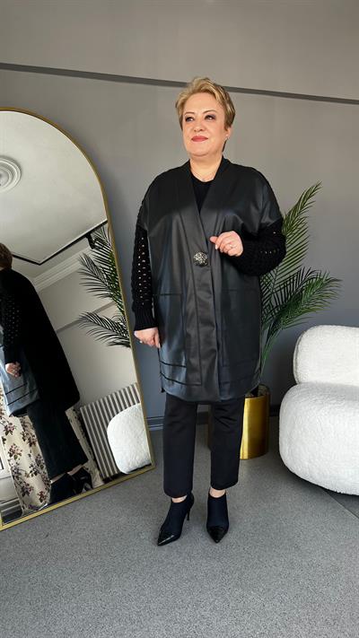 Selma Büyük Beden Süni Deri/Örme Hırka