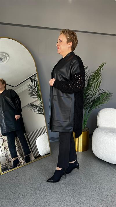 Selma Büyük Beden Süni Deri/Örme Hırka