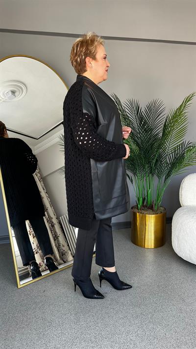 Selma Büyük Beden Süni Deri/Örme Hırka