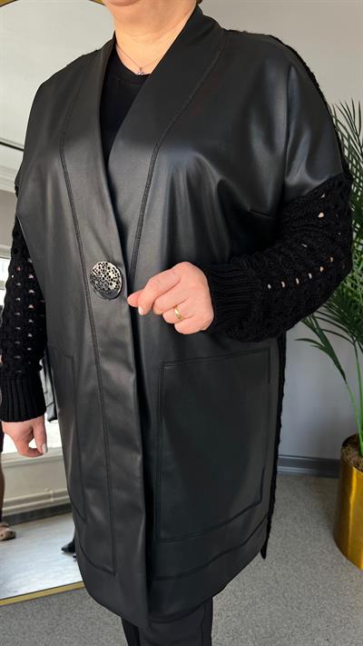 Selma Büyük Beden Süni Deri/Örme Hırka