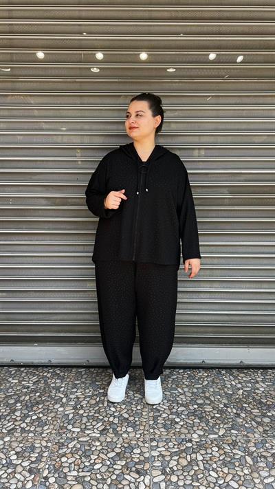 Selma Büyük Beden Taş Detaylı Fermuarlı Oversize Siyah Takım